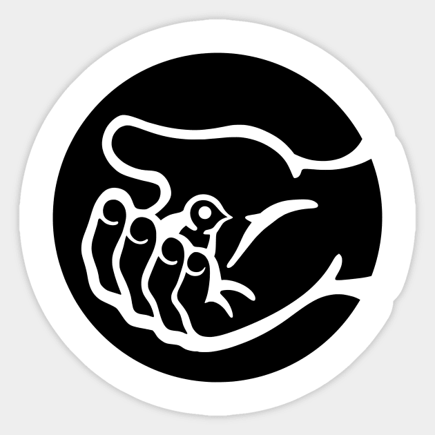 A small bird in a hand, as a symbol of care and compassion in black ink Sticker by croquis design